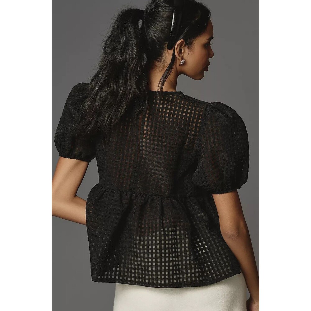 Anthropologie Maeve Short-Sleeve Babydoll Blouse Womens Medium Black Puff Sleeve - Picture 2 of 9